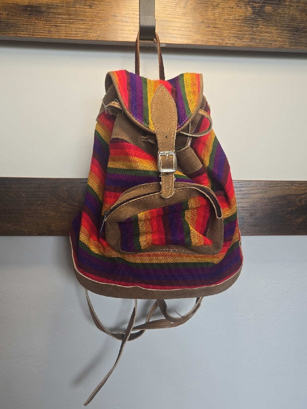 Vtg Colorful Rainbow Striped Canvas & Suede Mini Backpack Festival Rave